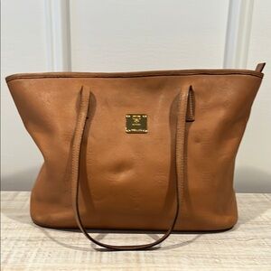 MCM Cognac Embossed Leather Tote Shoulder Bag EUC